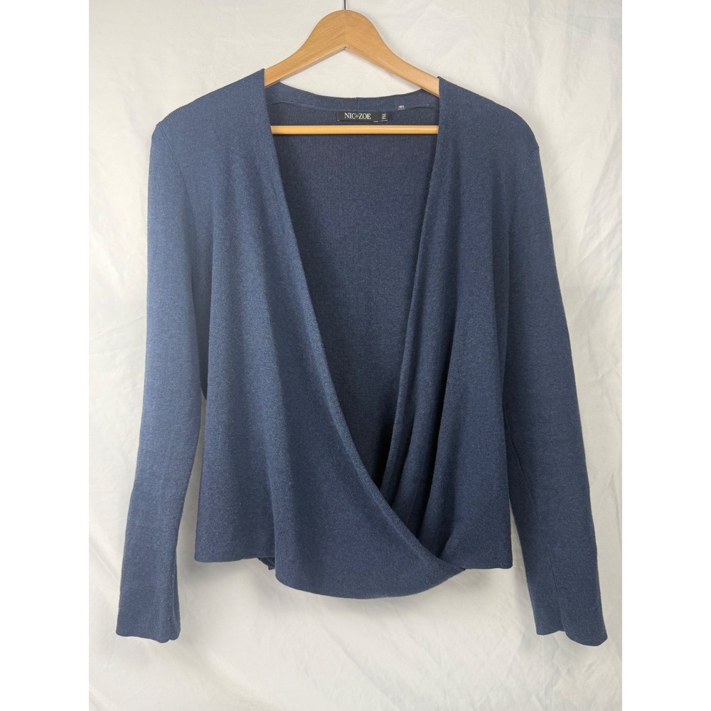 NIC+ZOE PM Navy Faux Wrap Cotton Blend Knit Sweater Surplice Top‎